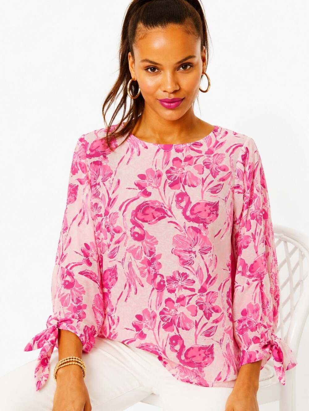 Lilly Pulitzer Hot Pink Flamingo Hibiscus Blouse Small Tie Sleeve Tropical TopD